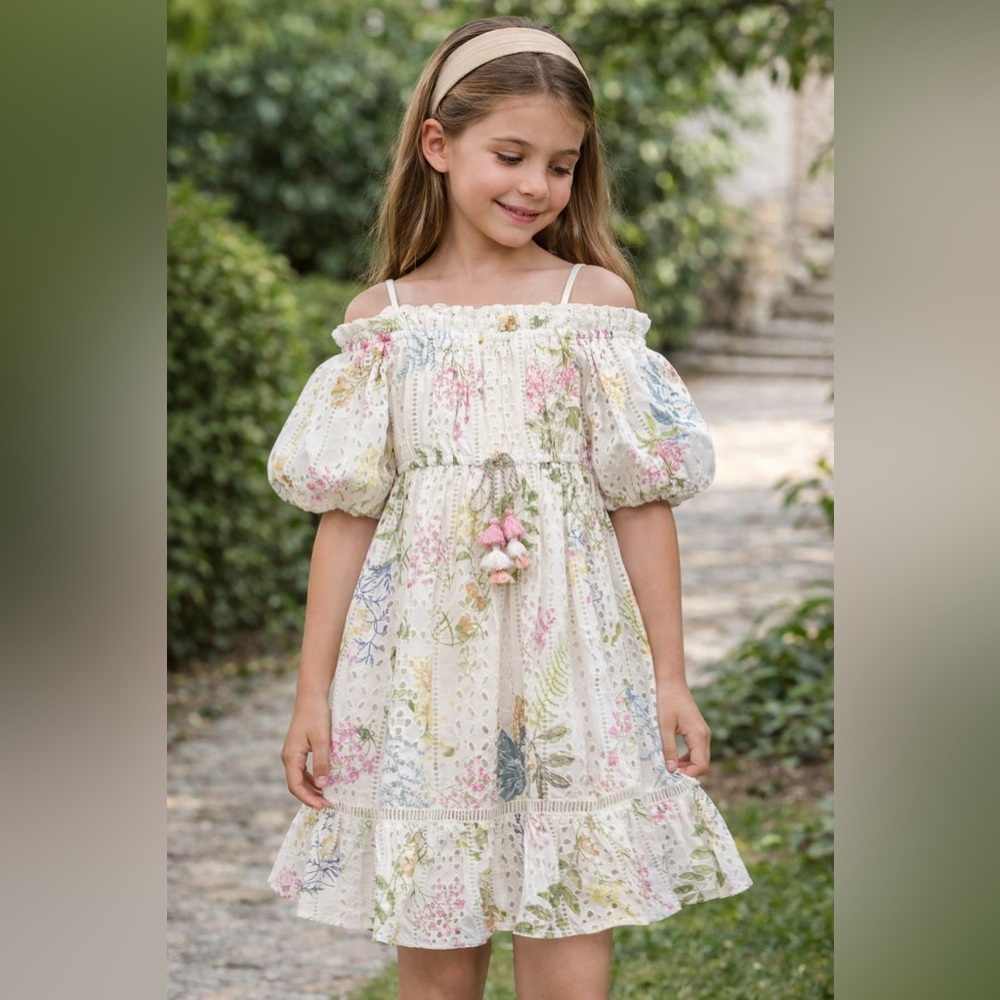 NEW Hannah Banana Floral Eyelet Off Shoulder Cottagecore Girls Dress 5 6 6x 10‎